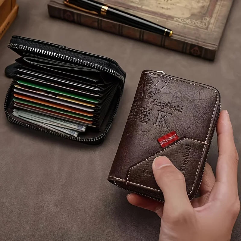 A hand holds a dark brown vintage PU leather slim wallet with gold accents and an RFID blocking feature.