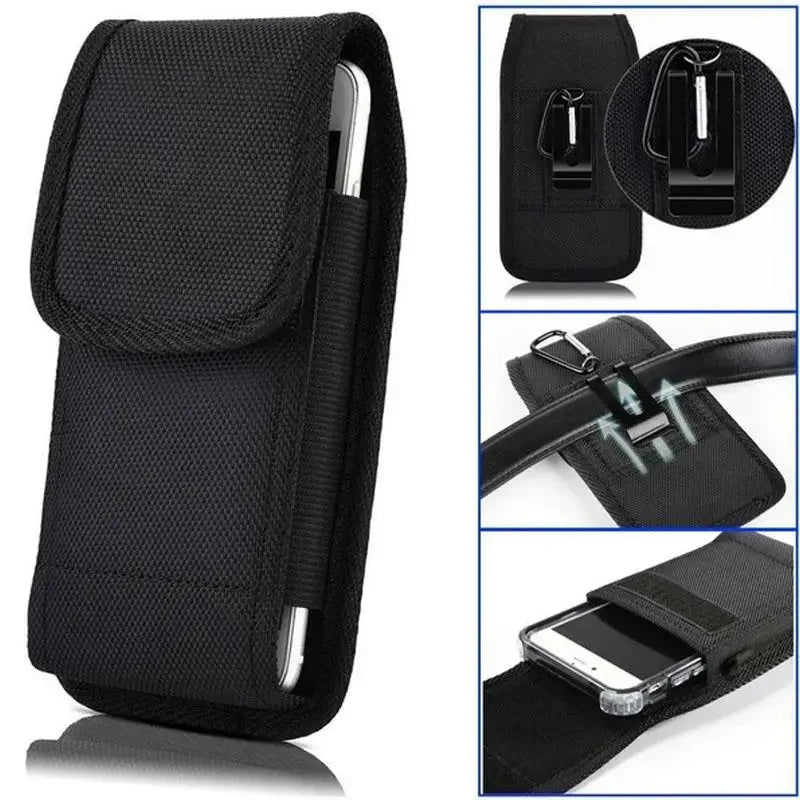 Black universal phone belt clip pouch with a protective sleeve and strap for outdoor use