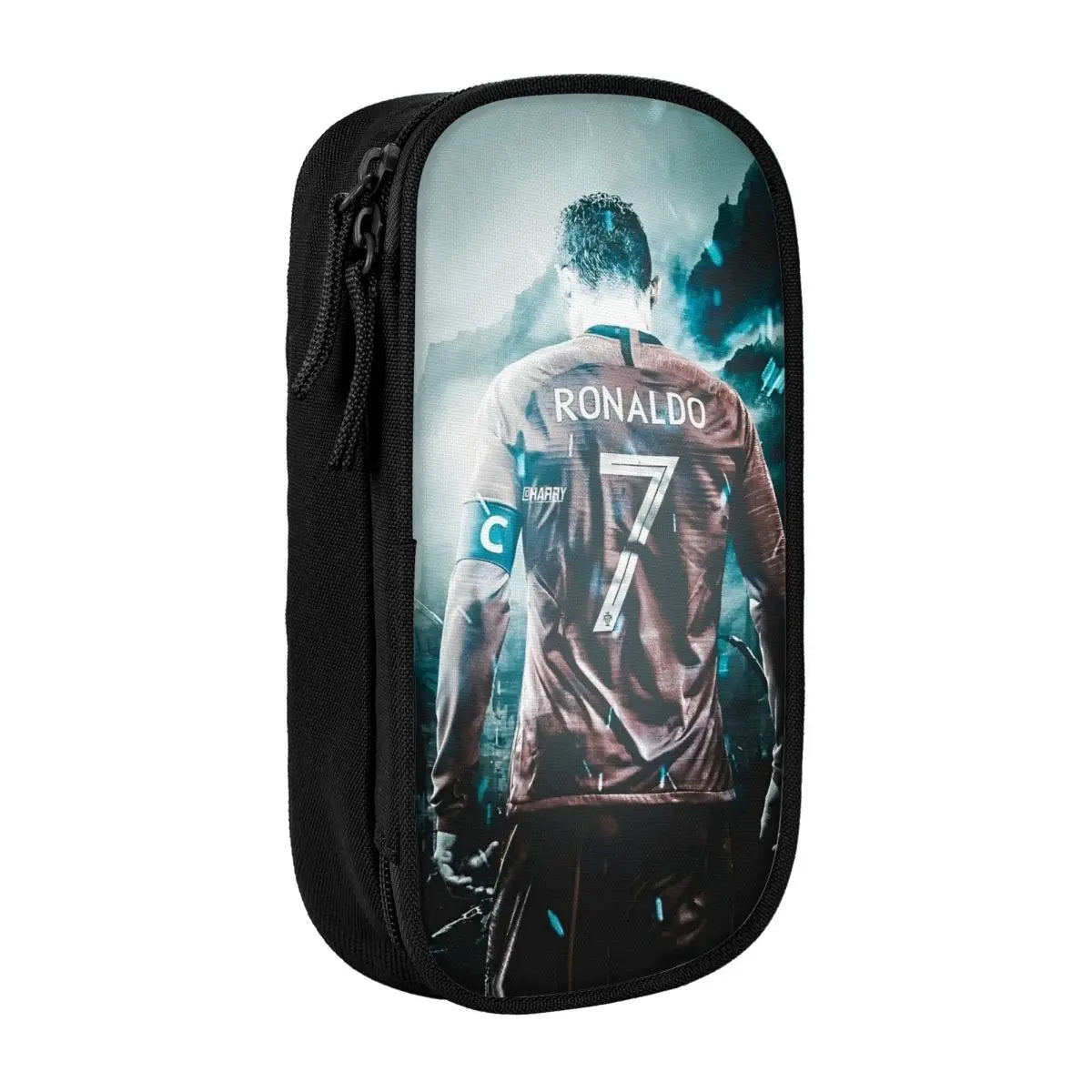 A black pencil case featuring a graphic of Cristiano Ronaldo in a soccer jersey.