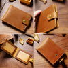 Portefeuille pliable en cuir véritable marron, montré sous différents angles, y compris fermé et ouvert pour afficher les emp