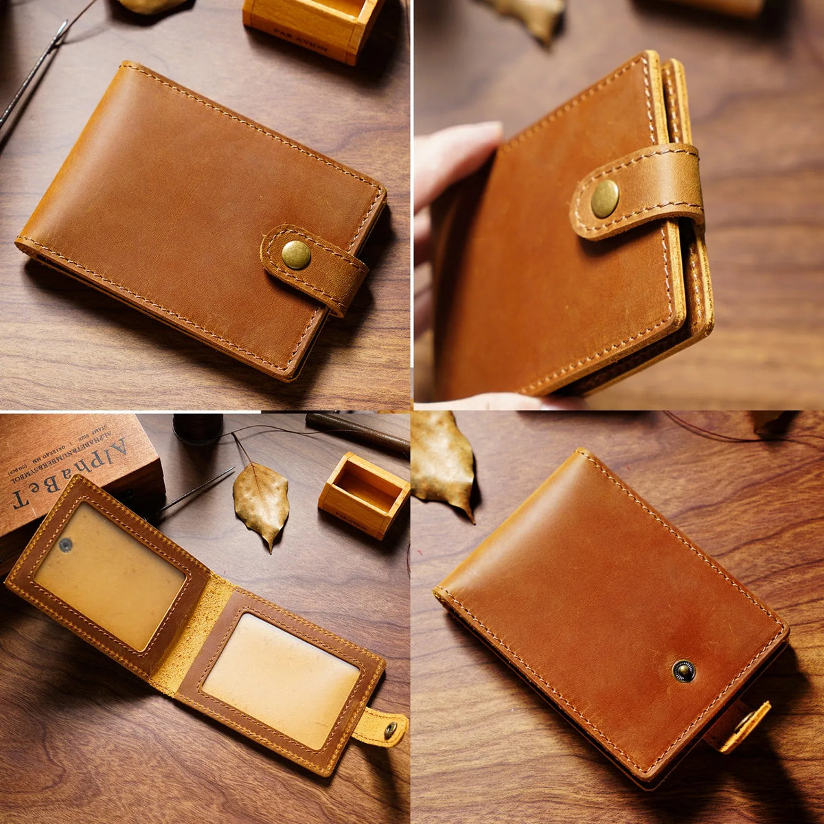 Portefeuille pliable en cuir véritable marron, montré sous différents angles, y compris fermé et ouvert pour afficher les emp