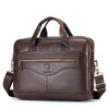 A dark brown full-grain leather executive laptop briefcase with brass hardware.