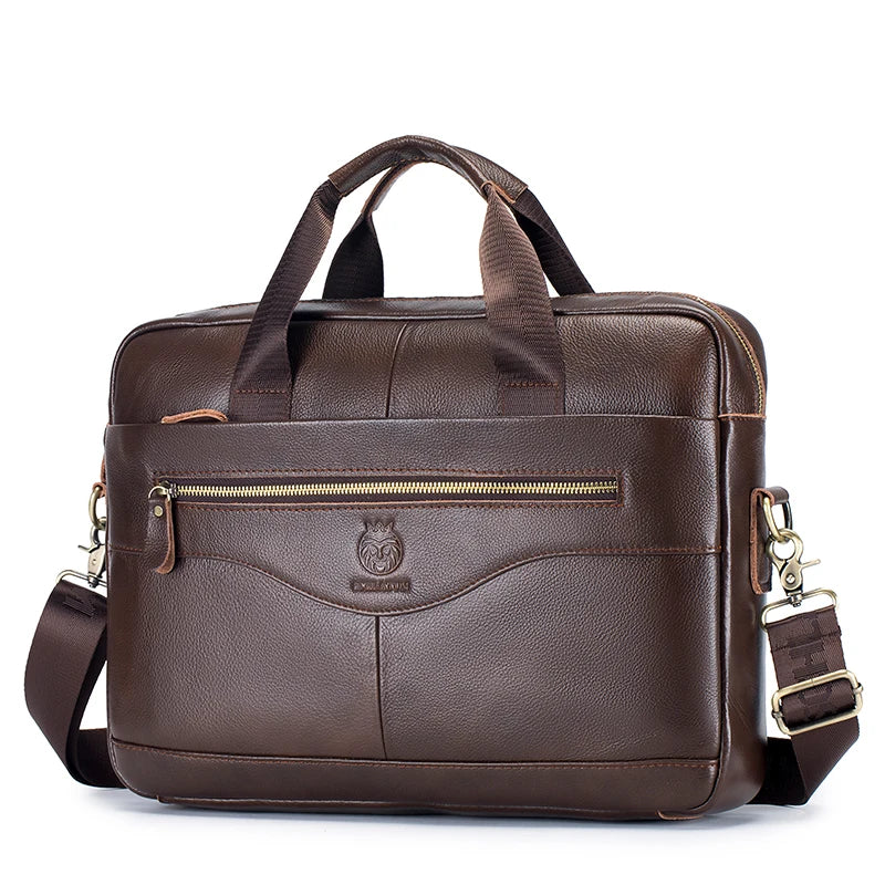 A dark brown full-grain leather executive laptop briefcase with brass hardware.