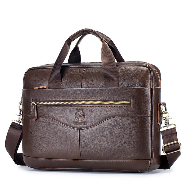 A dark brown full-grain leather executive laptop briefcase with brass hardware.