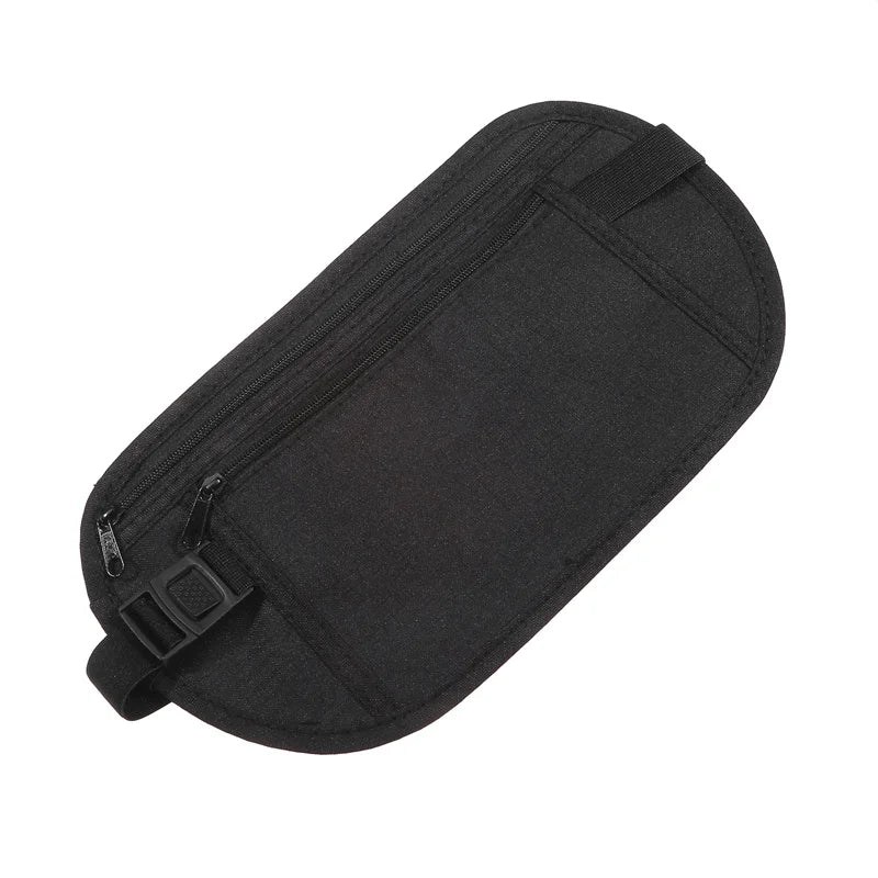 Black invisible waist pack designed for travel and security.