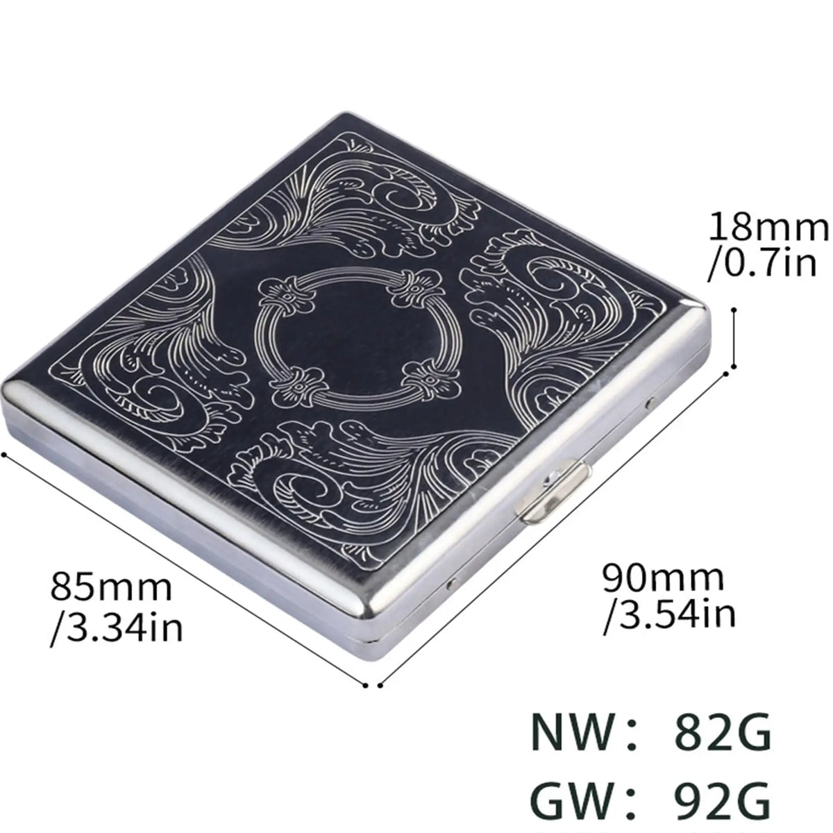 A square decorative metal cigarette storage box with intricate scrollwork designs and dimensions listed.