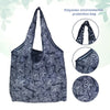 A dark blue patterned polyester environmental protection bag shown from the front and various close-up views.