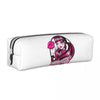 A white leather pencil case featuring a pink and black graphic of a stylized woman's face and hair.