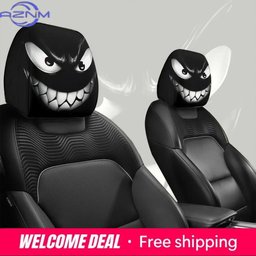 Un ensemble de housses décoratives pour tête de siège de voiture noires avec des visages de monstres féroces.