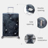 A dark gray stretch fabric luggage protection cover shown with features like double opening, side opening, and stable install