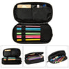 A black luxury leather pencil case shown open, displaying various colored pencils and stationery inside.
