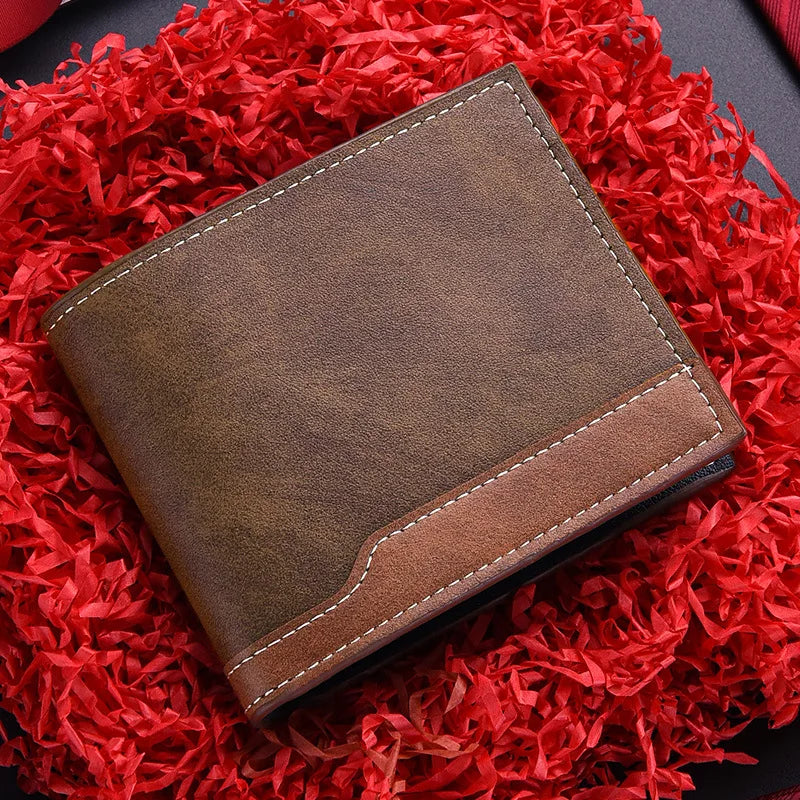 A brown retro PU leather men's wallet with an ID card holder resting on a vibrant red, fluffy surface.