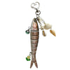 A silver simulation fish keychain with decorative elements hanging from the hook.