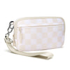 A light beige checkered multi-card wallet with a clear ID window and a leather strap.
