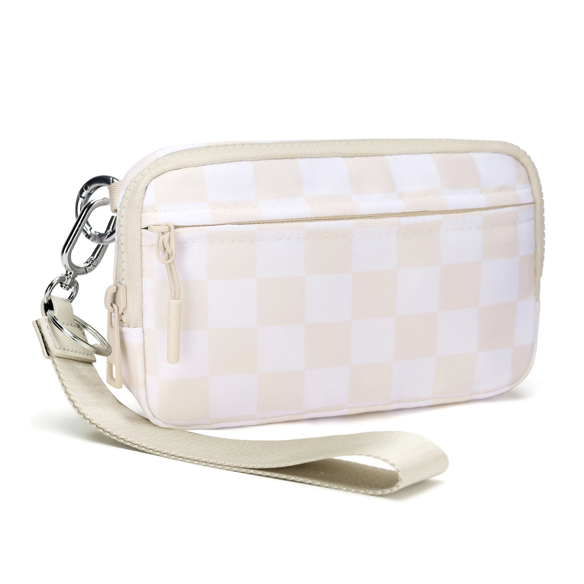 A light beige checkered multi-card wallet with a clear ID window and a leather strap.