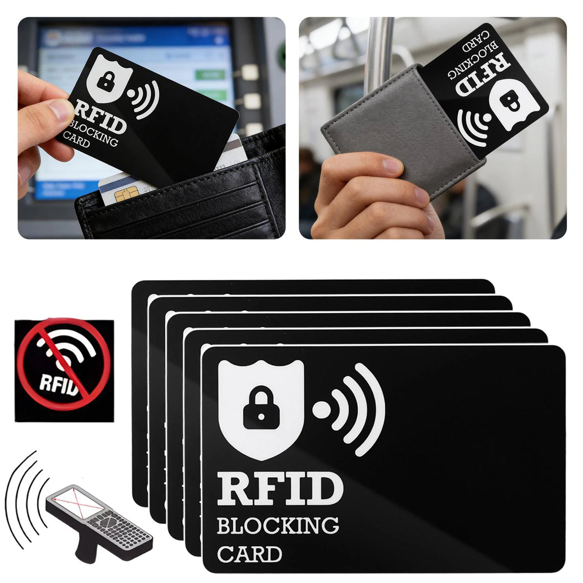 Various views of an RFID blocking card used for protecting wallets, passports, and credit cards.