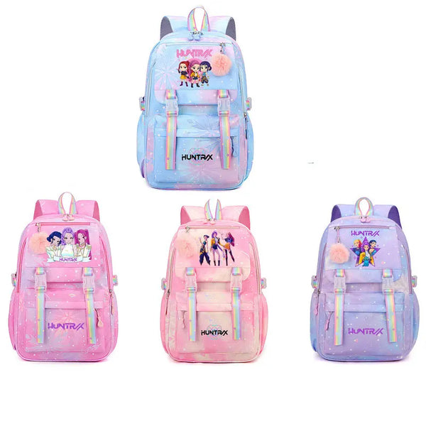 A pink and blue patterned backpack featuring cute animal characters for students.