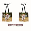 Front and back views of a customizable photo tote bag featuring a dog running in a field.