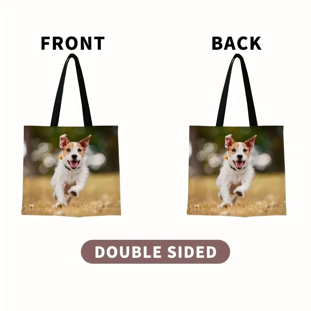 Front and back views of a customizable photo tote bag featuring a dog running in a field.