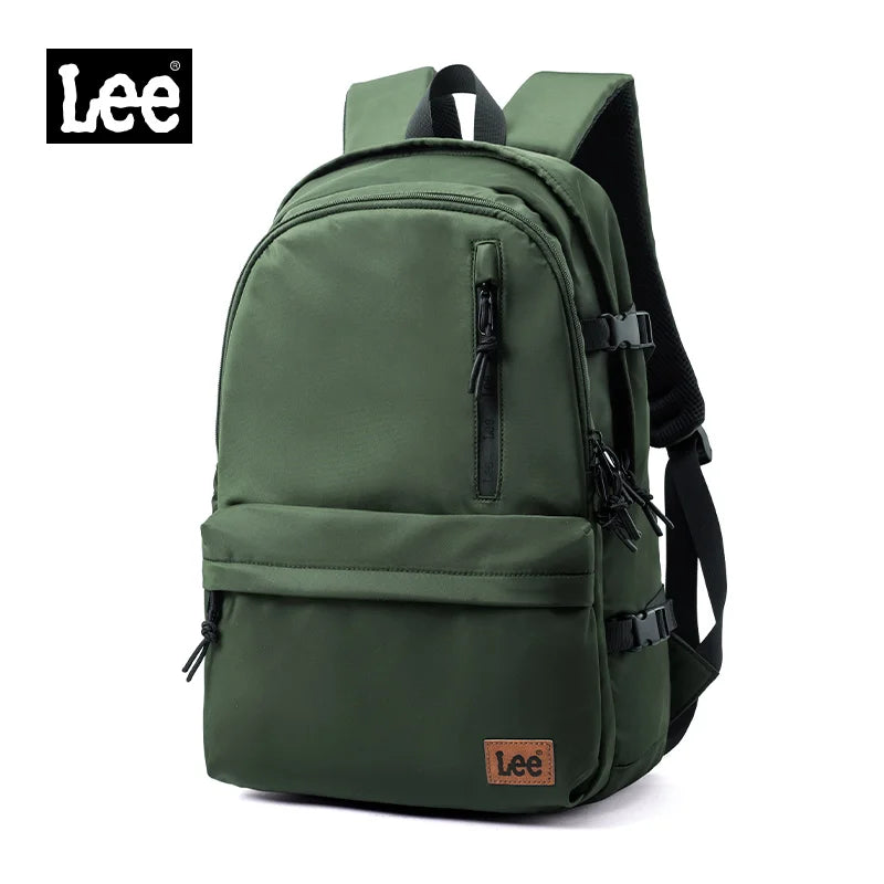 Olive green Lee backpack with black straps and a laptop sleeve