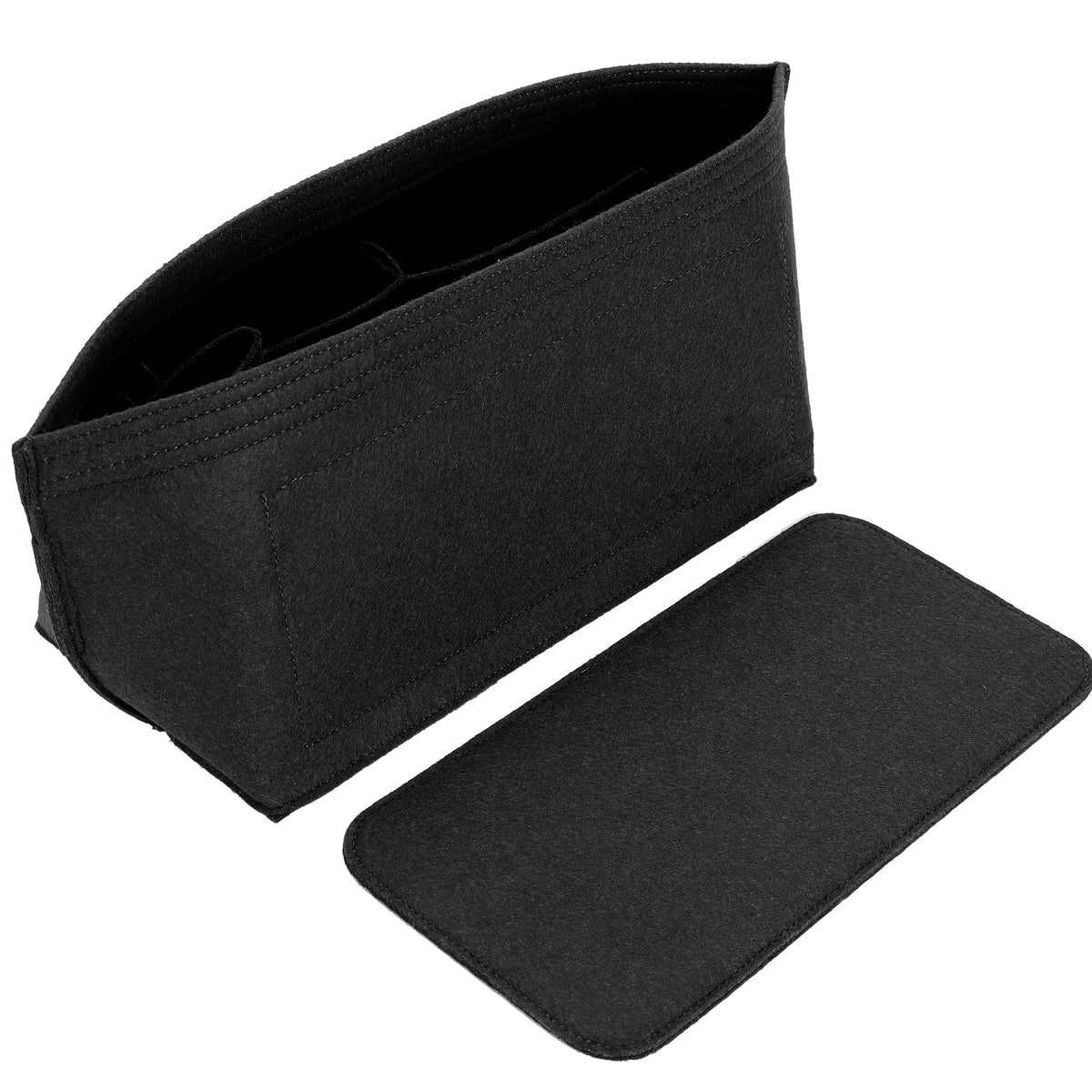 A set of two black felt purse organizer inserts, one folded and one flat.