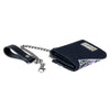 A dark blue tri-fold chain card holder wallet with a silver chain and metal clasp.