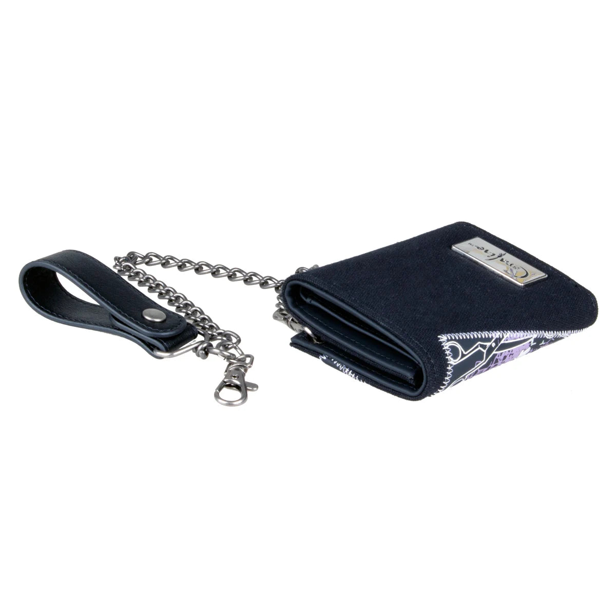 A dark blue tri-fold chain card holder wallet with a silver chain and metal clasp.