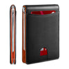 A black slim bi-fold wallet with a red accent, shown in profile view.