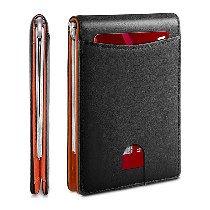 A black slim bi-fold wallet with a red accent, shown in profile view.