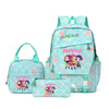 A teal backpack featuring a pink patterned design and characters on the front pocket.