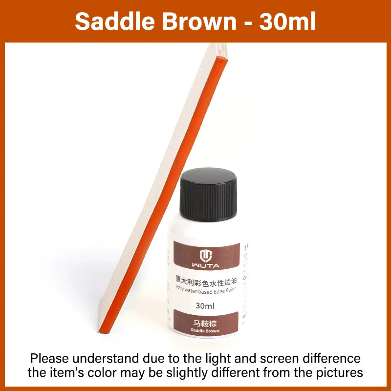 Bouteille d'huile de peinture à bord en cuir brun selle, 30ml, avec bâton applicateur en bois.