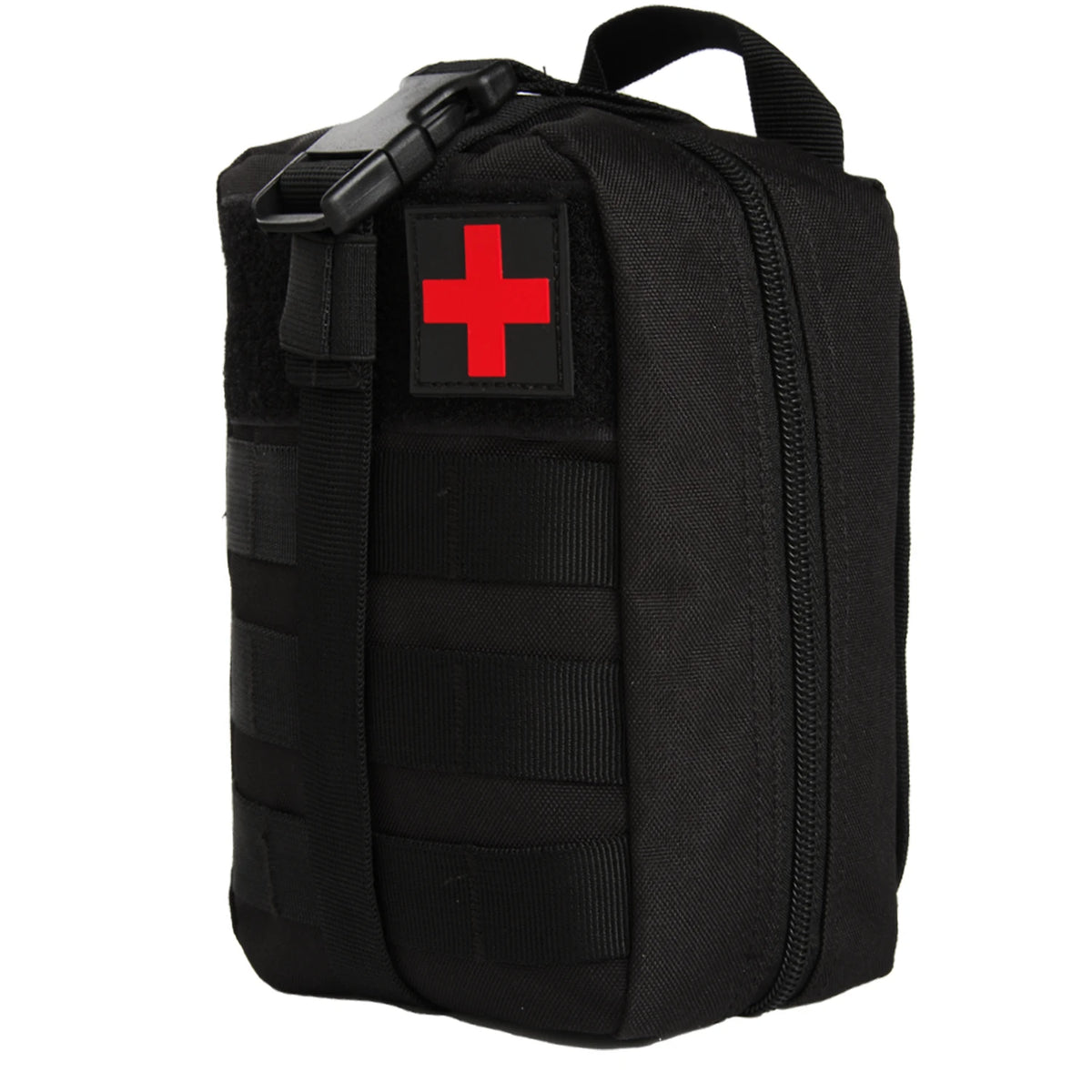 Black waterproof tactical waist pack first aid kit bag with a red cross emblem