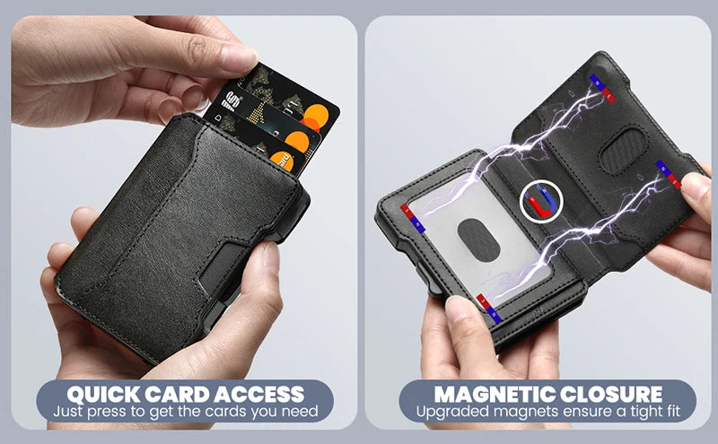 Portefeuille noir utilisé pour accéder aux cartes avec fermeture magnétique.
