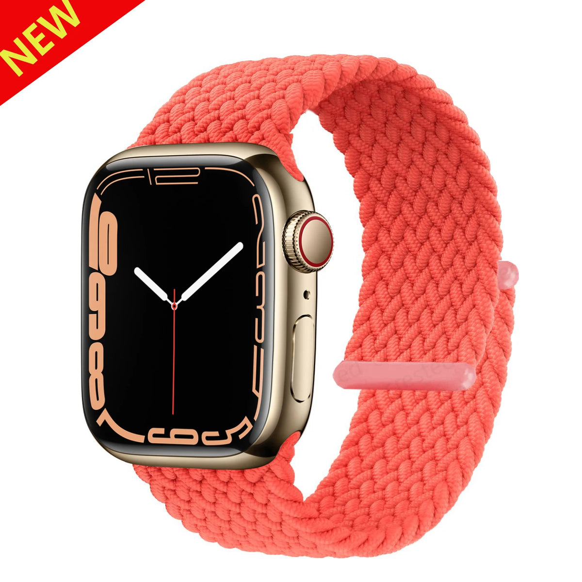 A new orange braided solo loop stretch band for an Apple Watch shown on a white background.
