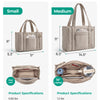 Two sizes of beige quilted tote bags are shown, including small and medium versions with various features.