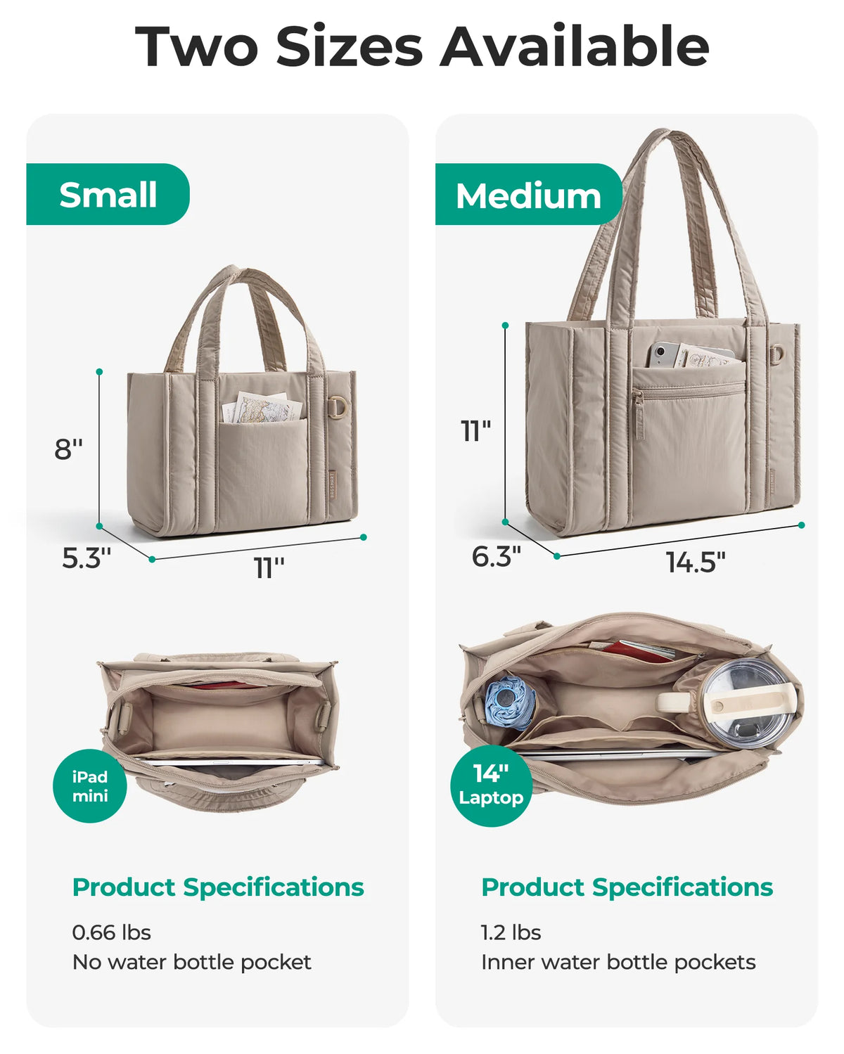 Two sizes of beige quilted tote bags are shown, including small and medium versions with various features.