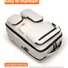 A white travel backpack with a water repellent handle and anti-splash features is shown.