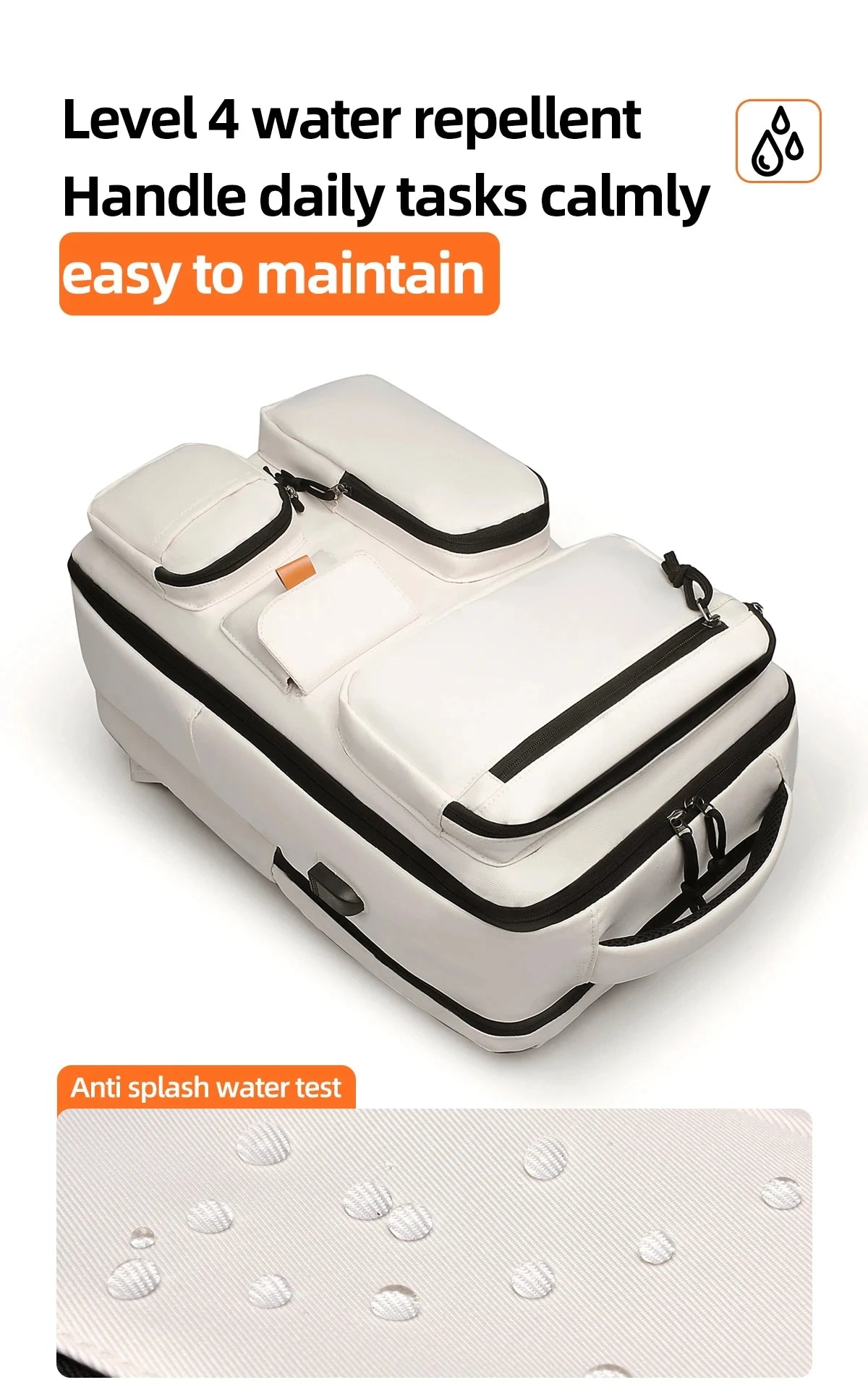A white travel backpack with a water repellent handle and anti-splash features is shown.