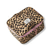 A leopard print large capacity waterproof travel makeup organizer bag with a pink zipper.