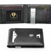 A black slim leather card holder featuring a geometric design and a silver metal accent.