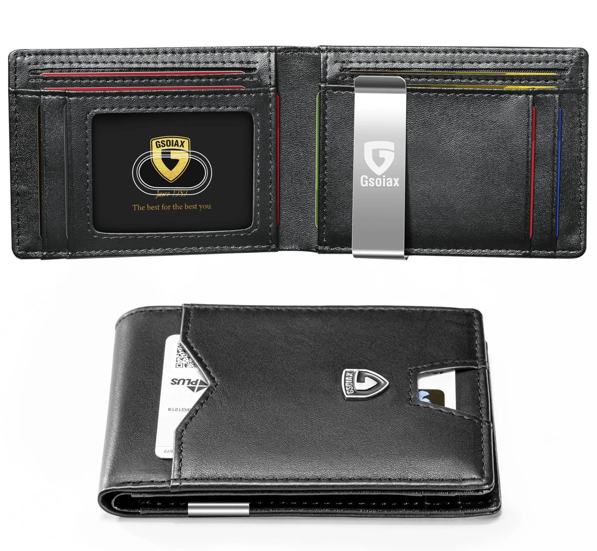 A black slim leather card holder featuring a geometric design and a silver metal accent.