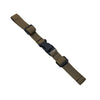 A close-up view of an adjustable tactical backpack chest strap harness in olive drab fabric.