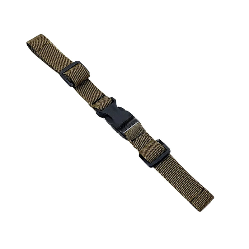 A close-up view of an adjustable tactical backpack chest strap harness in olive drab fabric.