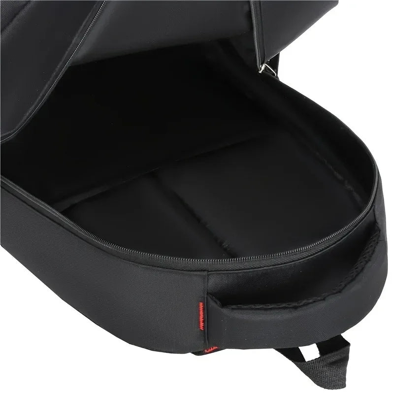 Black men's large capacity waterproof casual backpack open showing the interior compartment