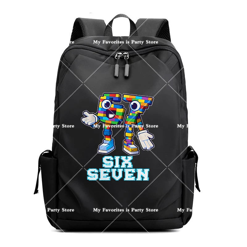 Schwarzer Anime-Stil multifunktionaler Rucksack mit der Aufschrift SIX SEVEN.