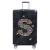 A dark gray stretch fabric luggage protection cover with a silver handle and wheels.
