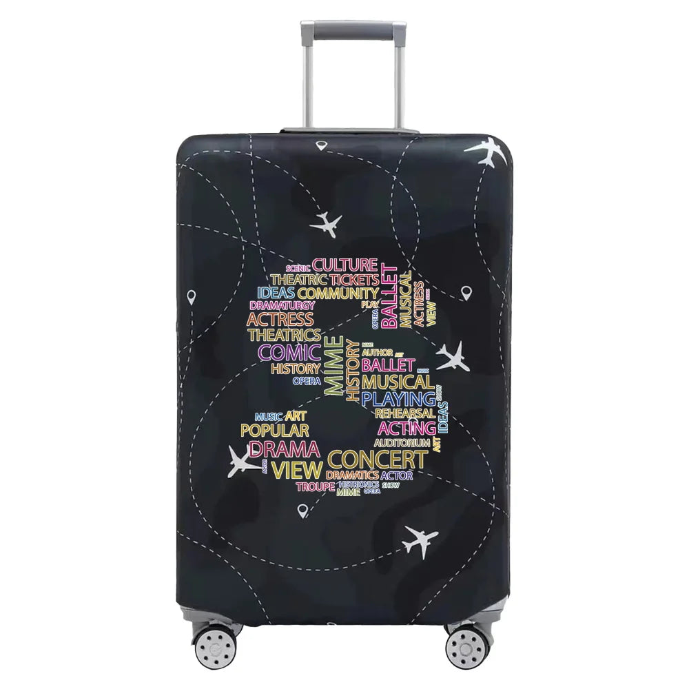 A dark gray stretch fabric luggage protection cover with a silver handle and wheels.