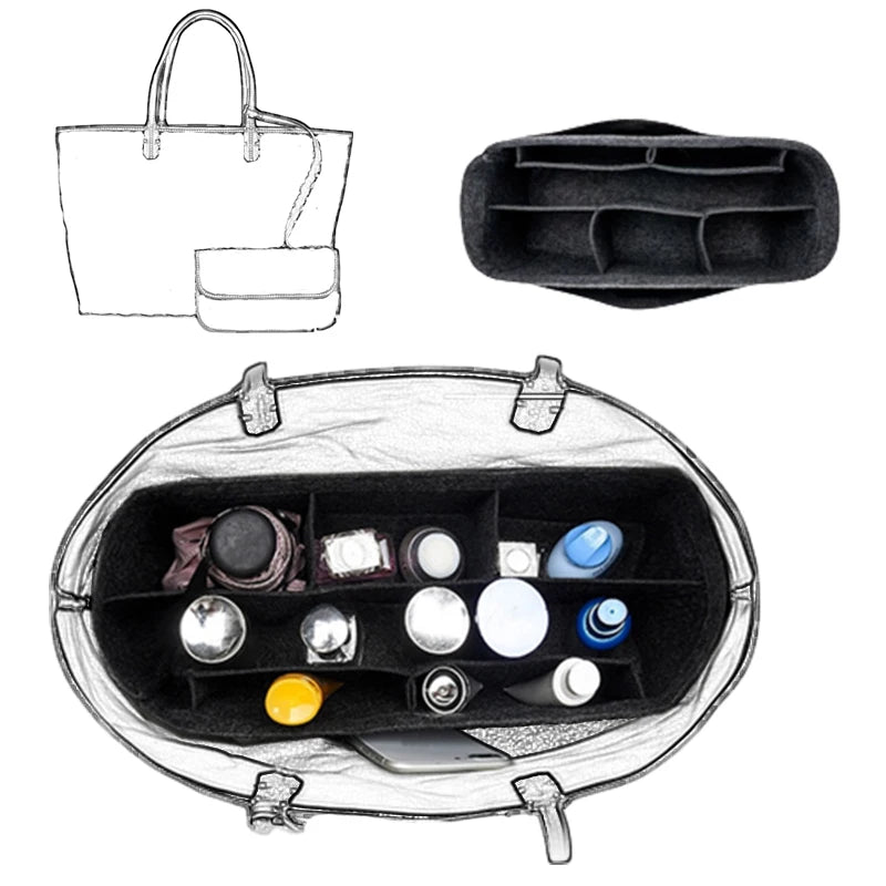 A felt bag organizer insert shown with separate compartments and a large oval exterior.