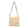A beige waterproof nylon crossbody bag with a long strap is shown against a white background.