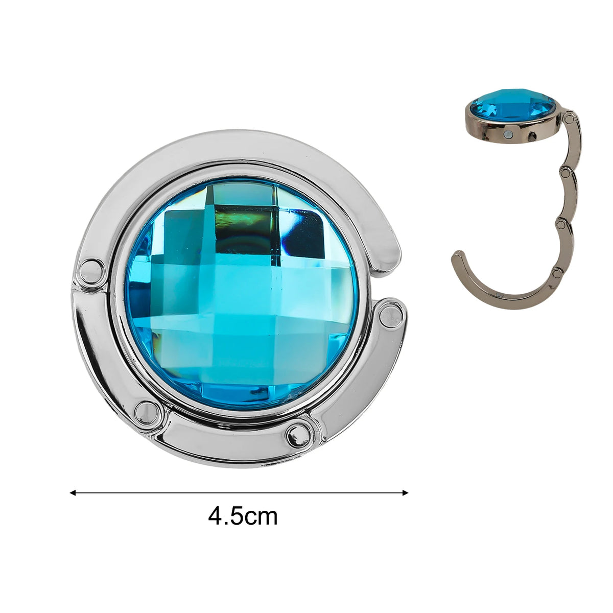 A round acrylic foldable hook with a blue lens and silver metal ring for bags and keys.